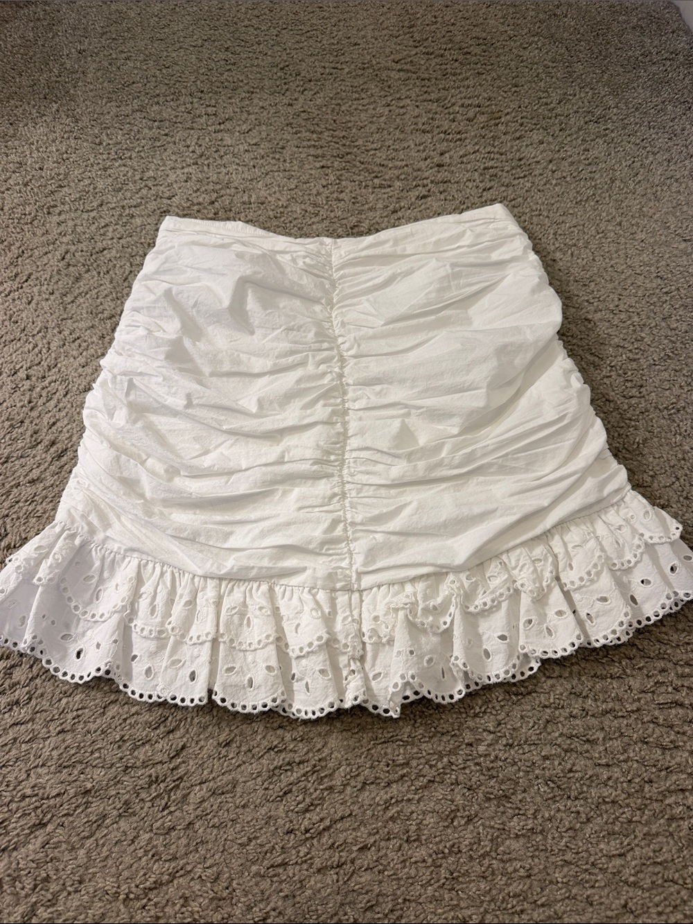Zara White Ruched Eyelet Ruffle Mini Skirt
